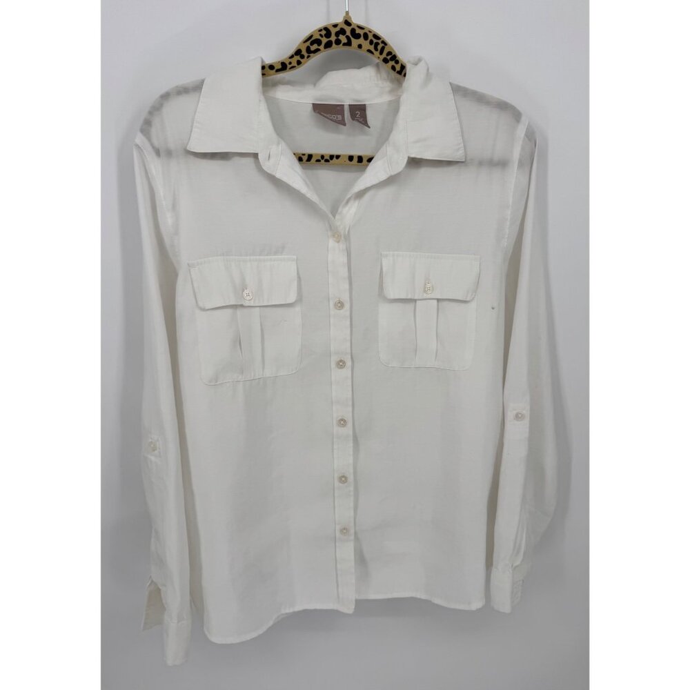 Chicos Womens White Button-Up Adjustable Long Sleeve Collared Blouse